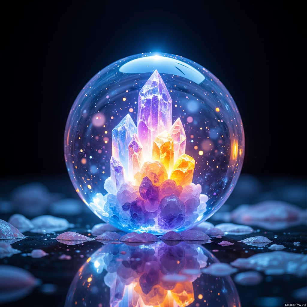 Semi-abstract image with many light, that is suitable for the post:  A translucent palm-sized sphere with a clear glass shell that ripples like a calm sea, containing an inner crystal that pulses with shifting colors—soft blues, amber, and stormy violet—creating a luminous, reflective surface that gently glows in a rhythmic, ethereal glow.