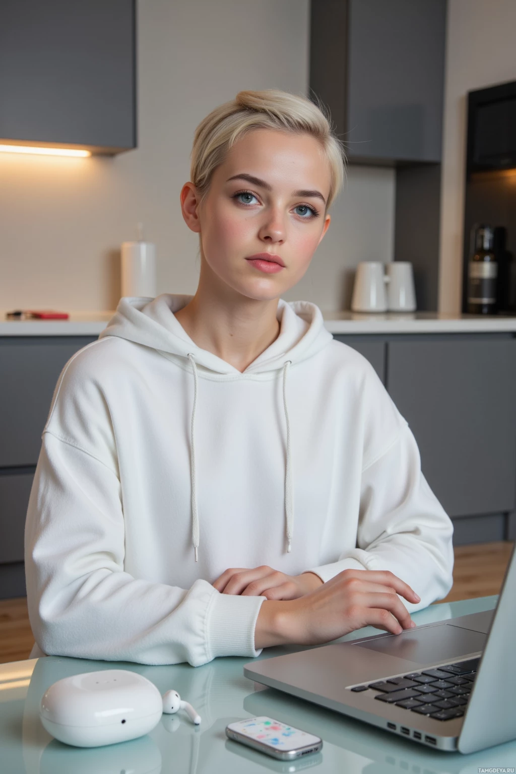 Человек в белой толстовке сидит за столом с ноутбуком, наушниками и смартфоном.
