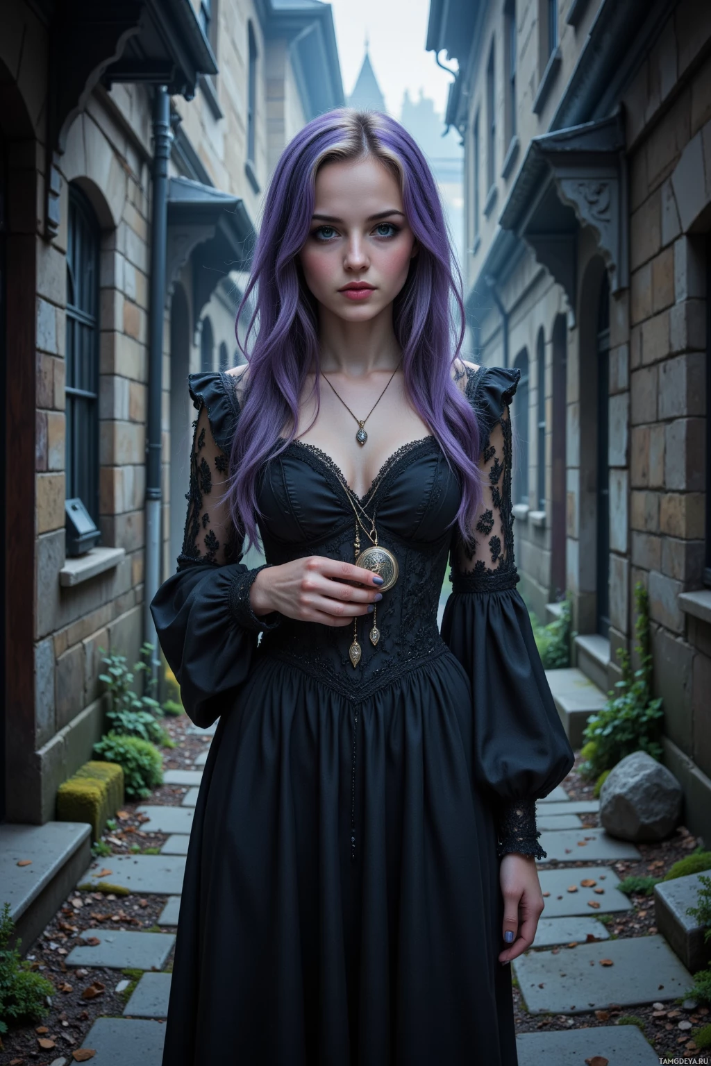 В переулке стоит женщина в черном платье с фиолетовыми волосами.