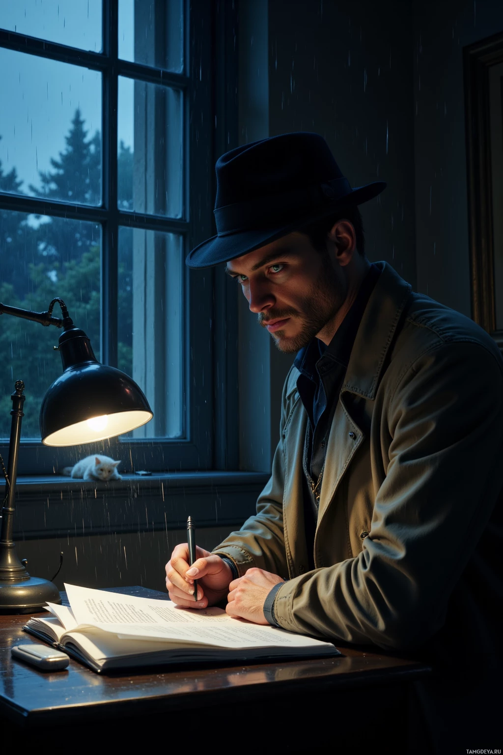 Мужчина в шляпе и куртке сидит за столом, что-то записывает в блокнот под лампой, а на подоконнике снаружи отдыхает кошка.