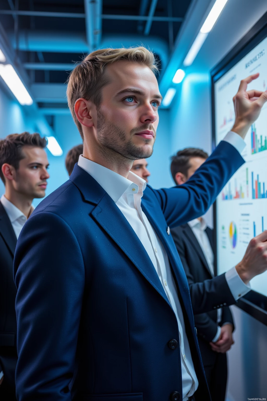 Мужчина в костюме указывает на цифровой экран, на котором отображаются графики и диаграммы, в современном офисном пространстве.