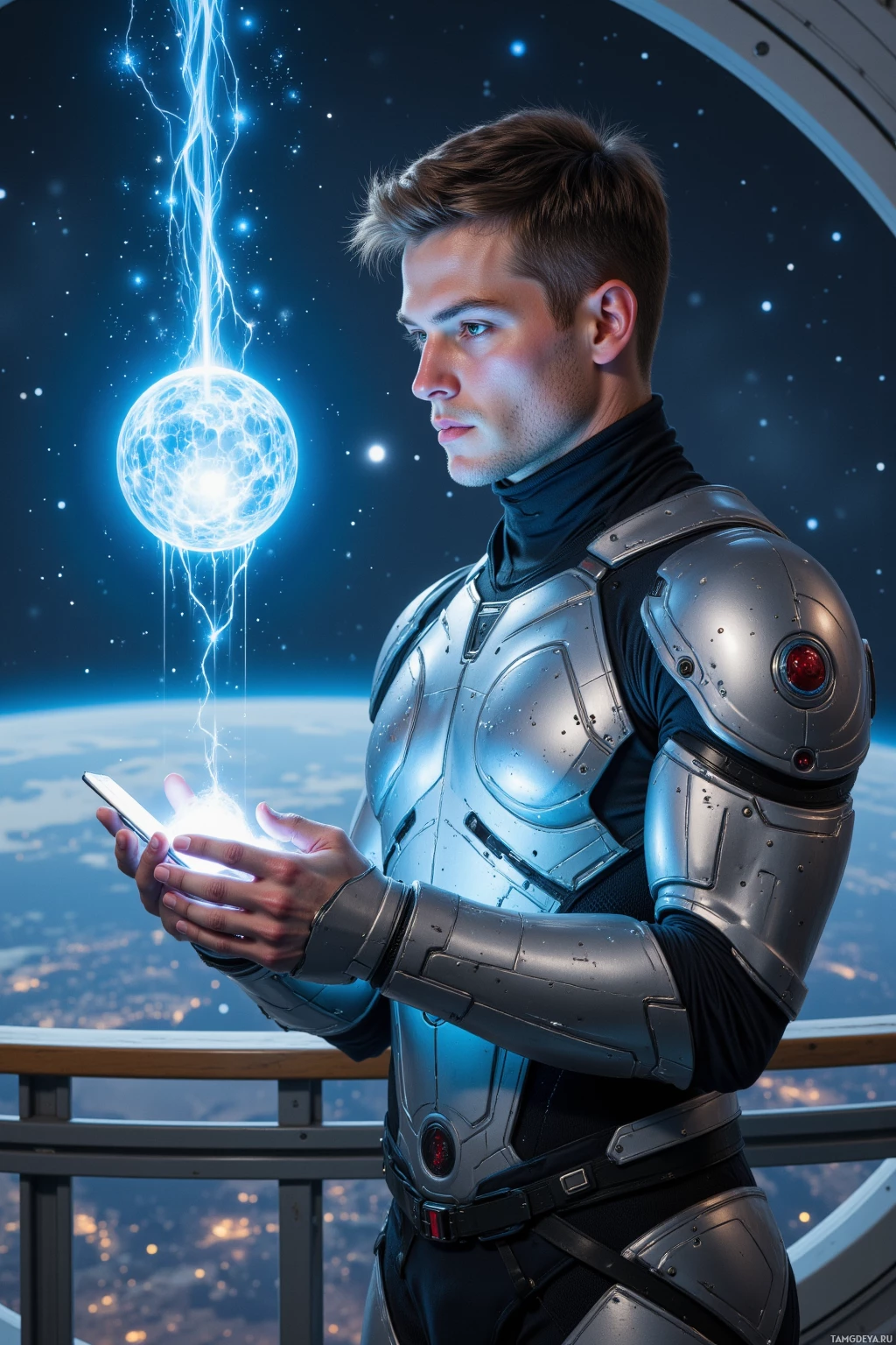 Человек в футуристических доспехах держит светящееся устройство на фоне звезд и далекой планеты.