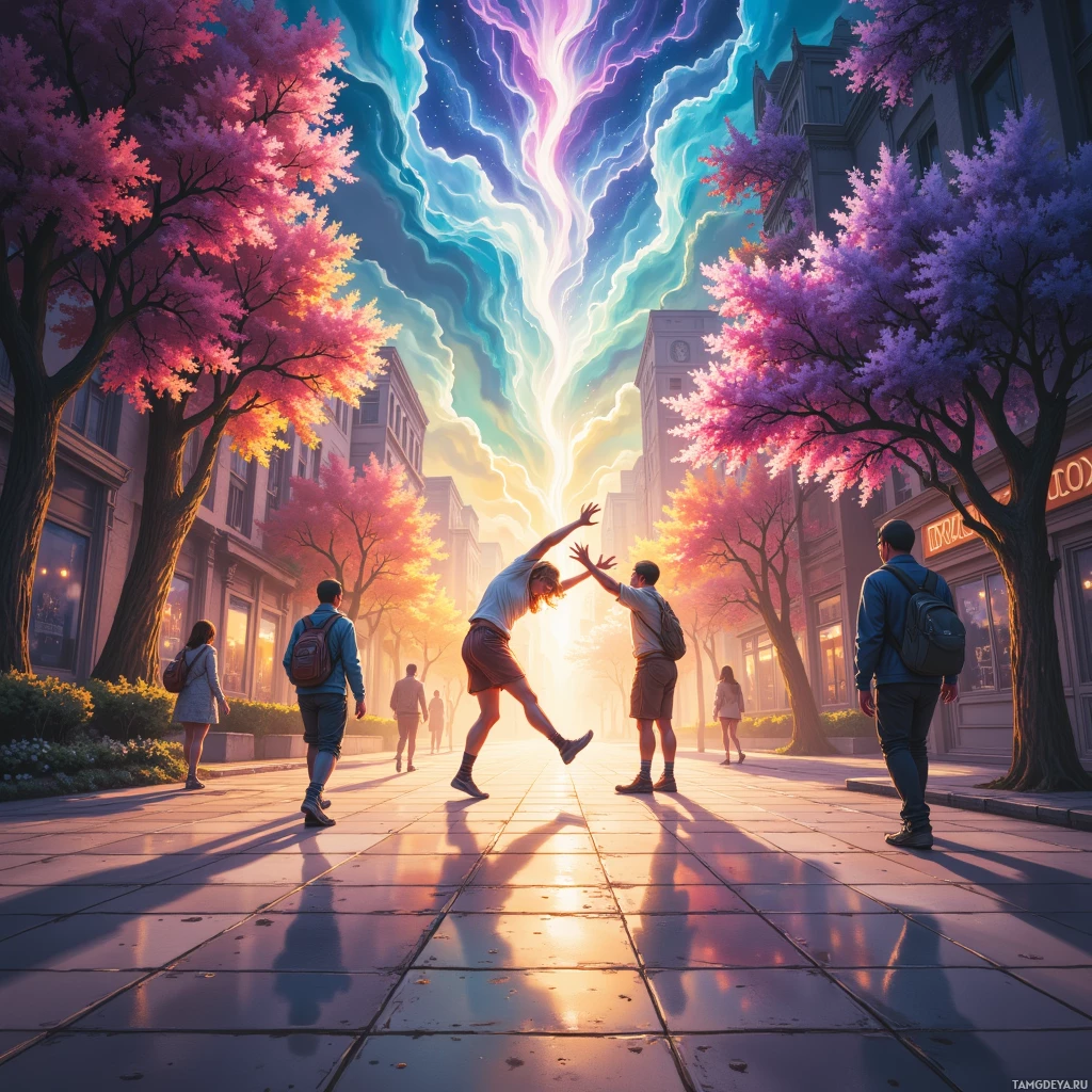 Яркая городская улица, на которой люди спешат по своим делам, а над ними – красочное небо.