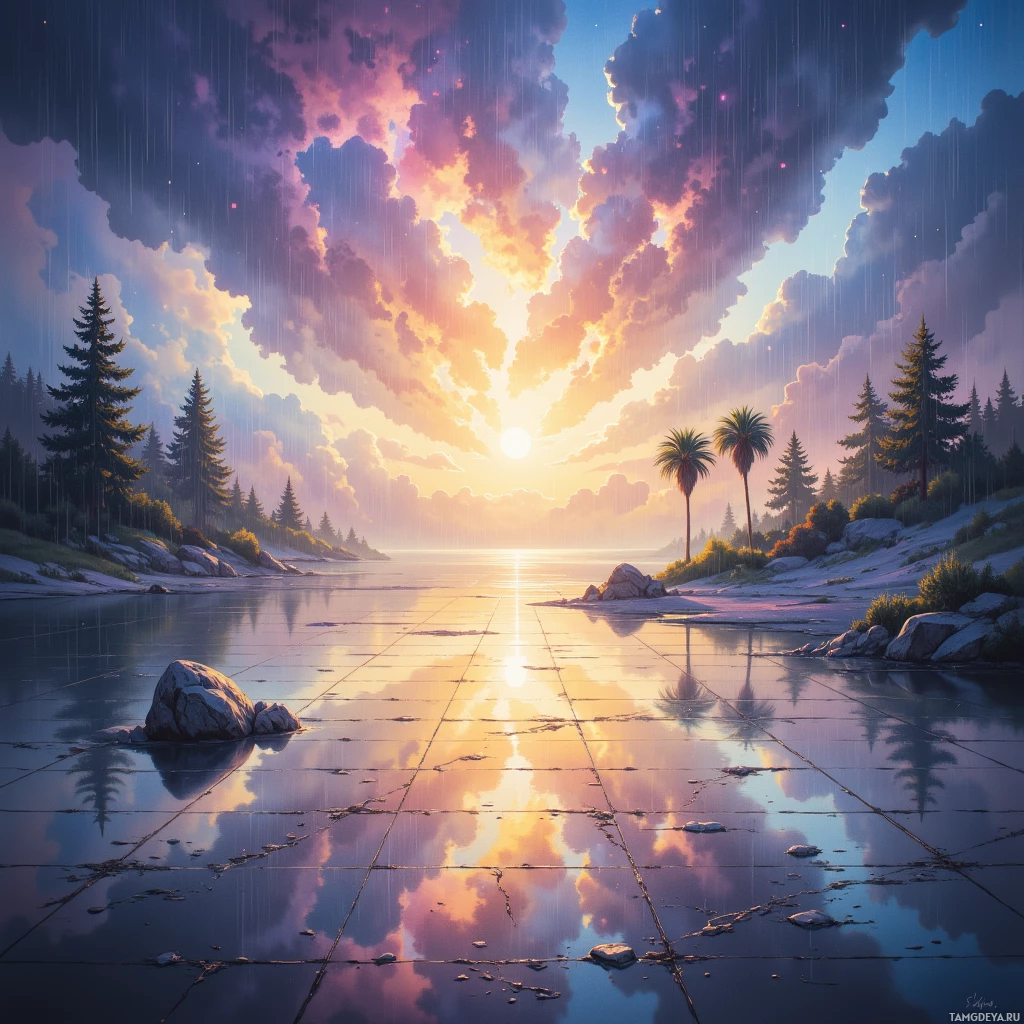 Спокойная закатная панорама: над тихим озером, отражающим красочную небесную палитру и окружающие деревья, медленно падает дождь.