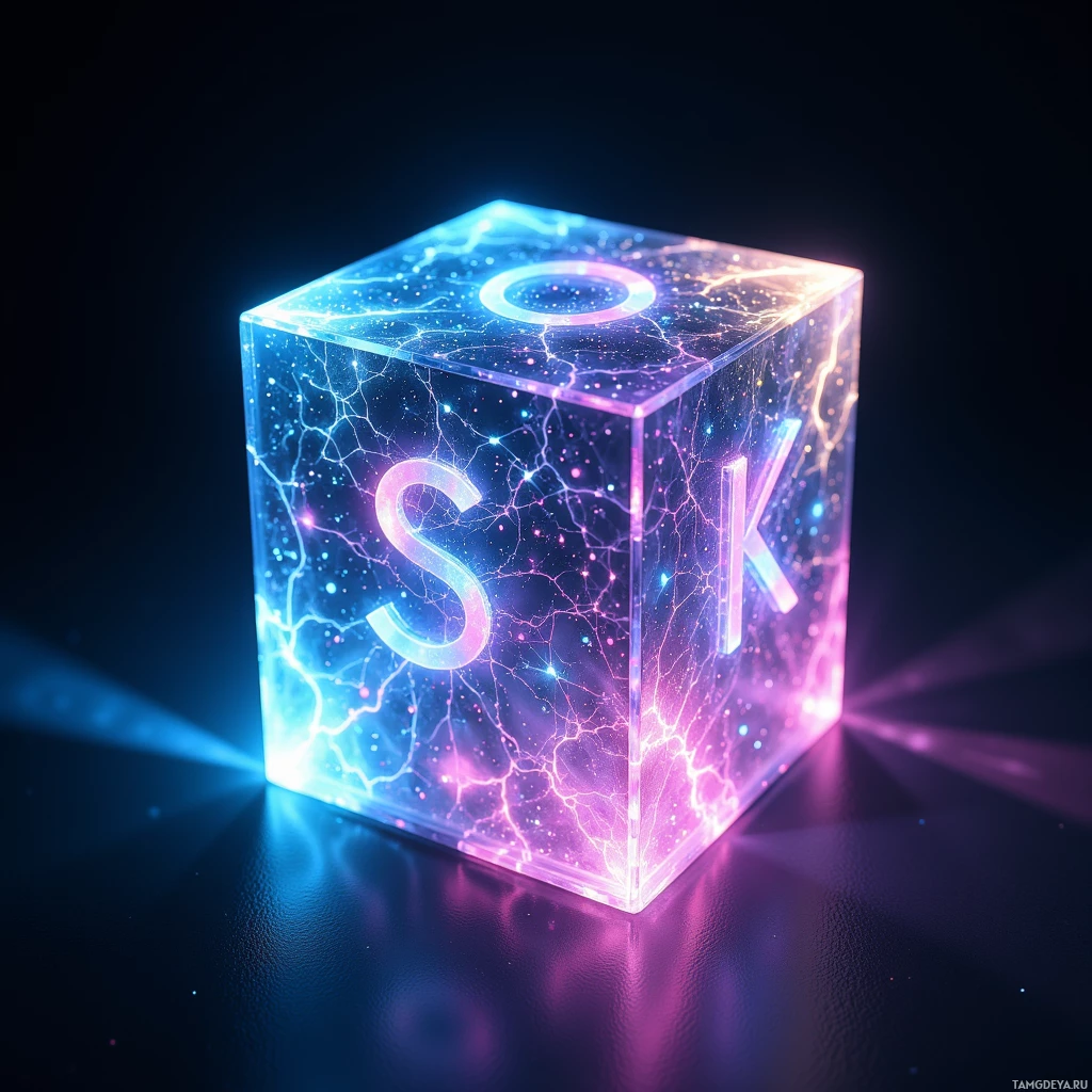 Светящийся прозрачный куб с подсвеченными буквами "S" и "K" на темном фоне.