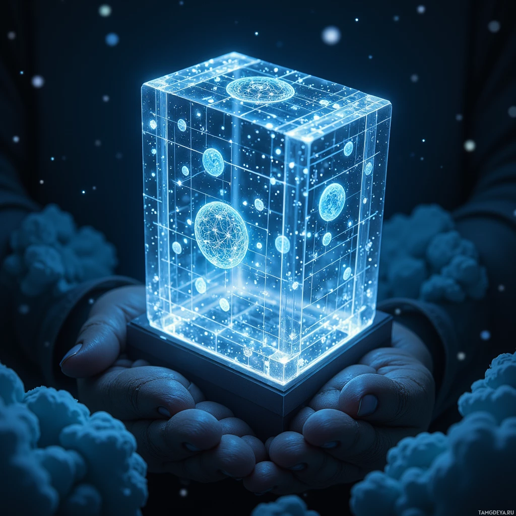 В руке держится светящийся, прозрачный куб с узорами в виде сетки и сферических фигур на фоне тёмного, звёздного неба.