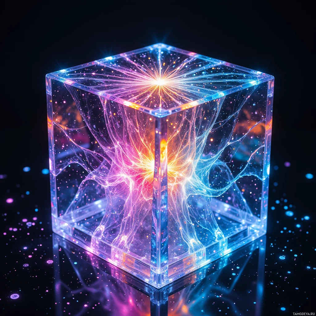 Светящийся, прозрачный куб с замысловатыми, разноцветными световыми узорами на тёмном фоне.