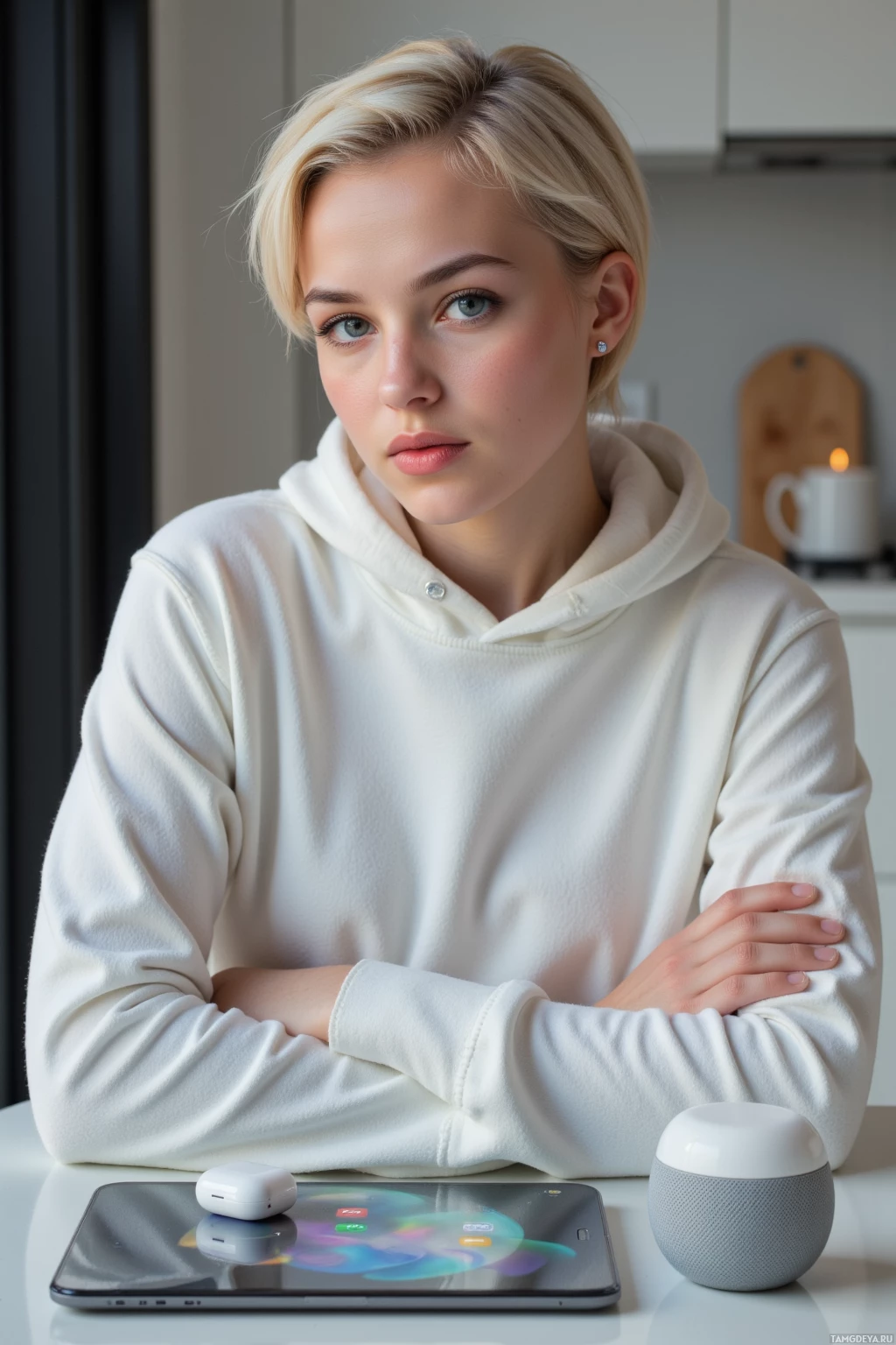 Человек в белой толстовке сидит за столом с планшетом, умной колонкой и наушниками.