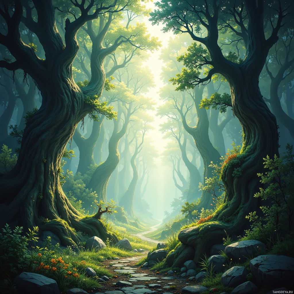 Спокойная лесная сцена: извилистая тропинка петляет между высокими, причудливо изогнутыми деревьями, сквозь листву пробивается мягкий солнечный свет.