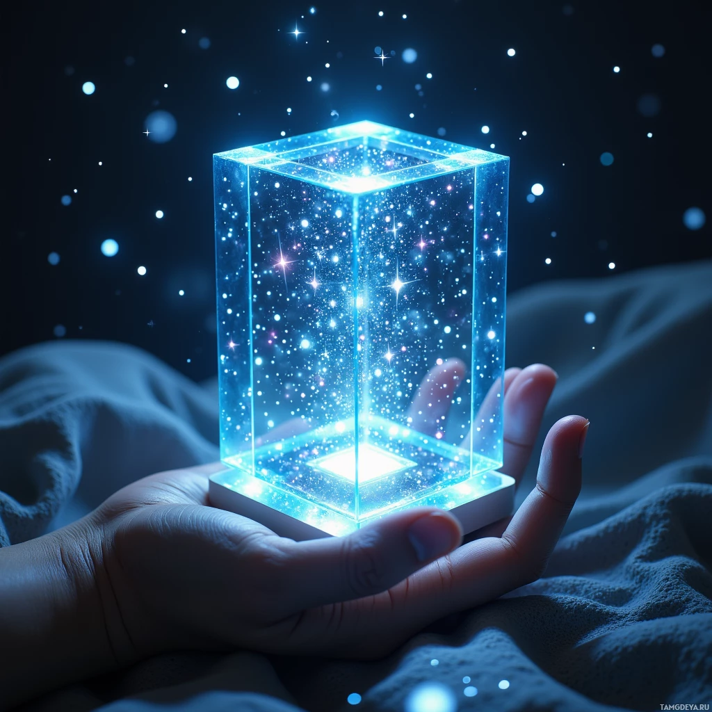 В руке покоится светящийся, прозрачный куб, наполненный мерцающими звёздами на фоне тёмного, усыпанного звёздами неба.