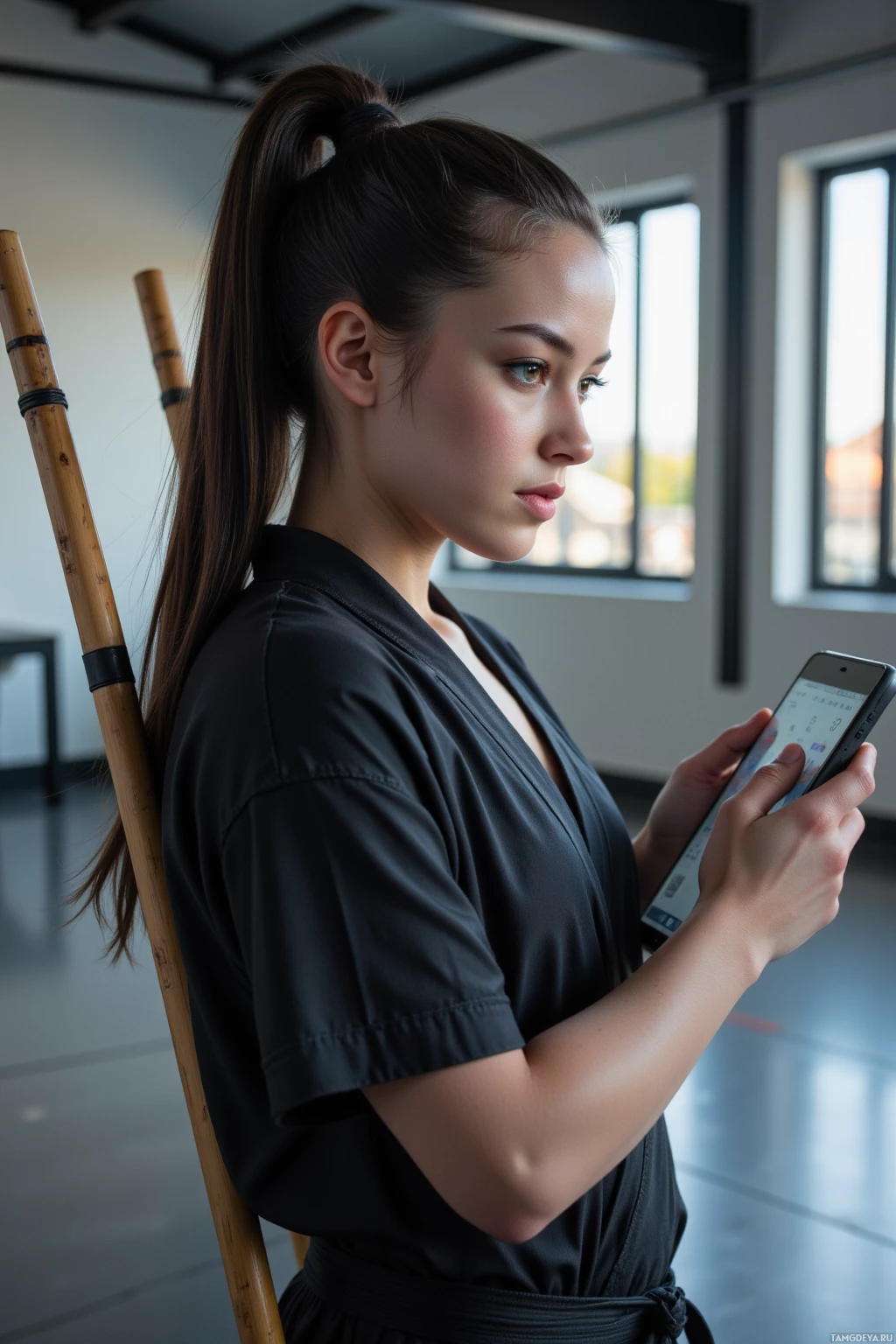 Realistic high quality photo. White female, 30, tall, jet‑black hair in a high ponytail, green eyes, wearing a form‑fitting black martial arts uniform with bamboo bo staffs on her back, calmly reviewing motion logs on a sleek tablet beside a humming holographic balance platform in a modern indoor training room illuminated by soft evening light, her posture composed and focused.