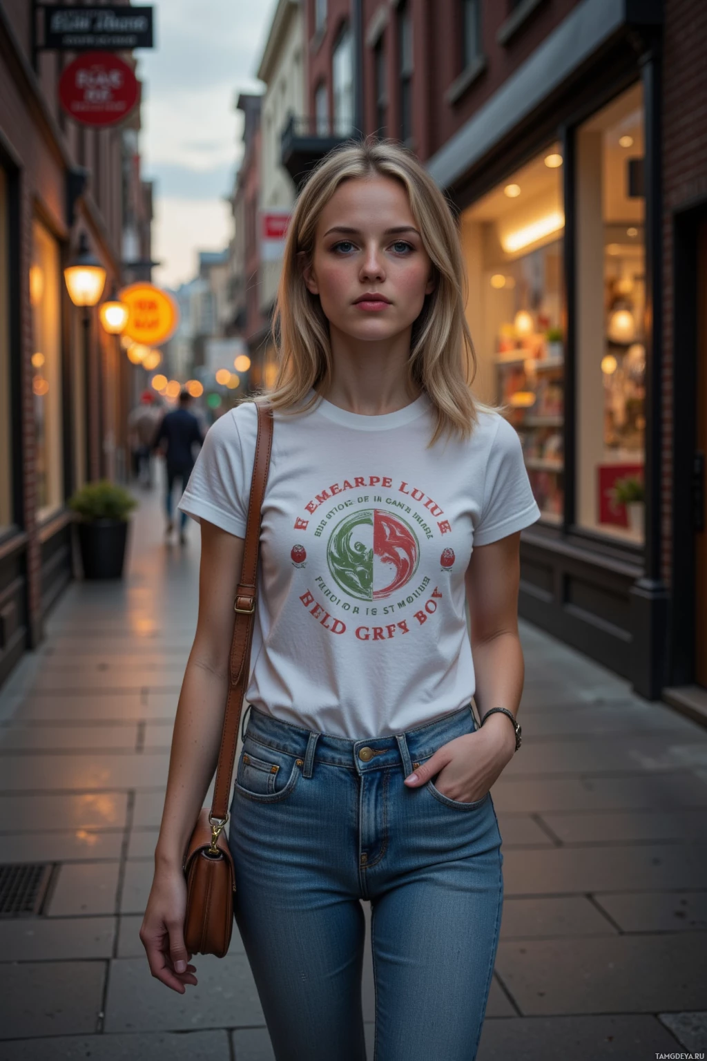 Realistic high quality photo. Woman, 28, short blonde hair, blue eyes, freckles, wearing a white graphic t-shirt and jeans, holding a DSLR camera bag in one hand and a coupon book in the other, strolling through a dimly lit city alley at dusk, storefronts with shop signs and streetlamps lining the path.