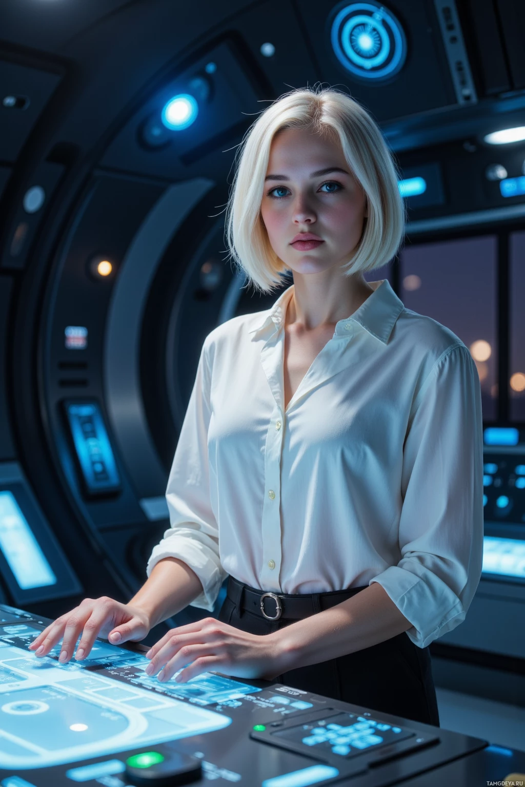 Realistic high quality photo. 27‑year‑old woman with platinum bob, piercing blue eyes, porcelain skin, wearing a white geometric blouse and metallic‑accented black trousers, stands alone at a floating holographic uplink console in an orbital command quadrant, tightening a glowing control panel amid crisp signal waveforms under low‑light ambient glow, late night.