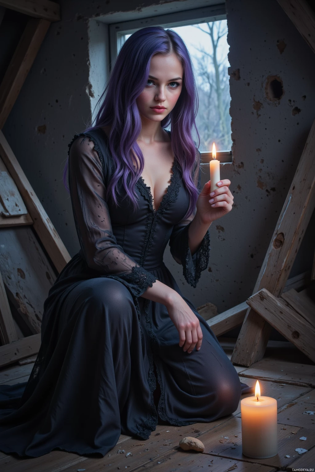 Realistic high quality photo. Midnight attic, a pale‑skinned woman with long wavy dark purple hair, indigo eyes, wearing a gothic lace dress with intricate black trim, whispering riddles to dust bunnies while shadows dance around a flickering candle, half‑lit footprints on old floorboards, moonlight streaming through a broken window.