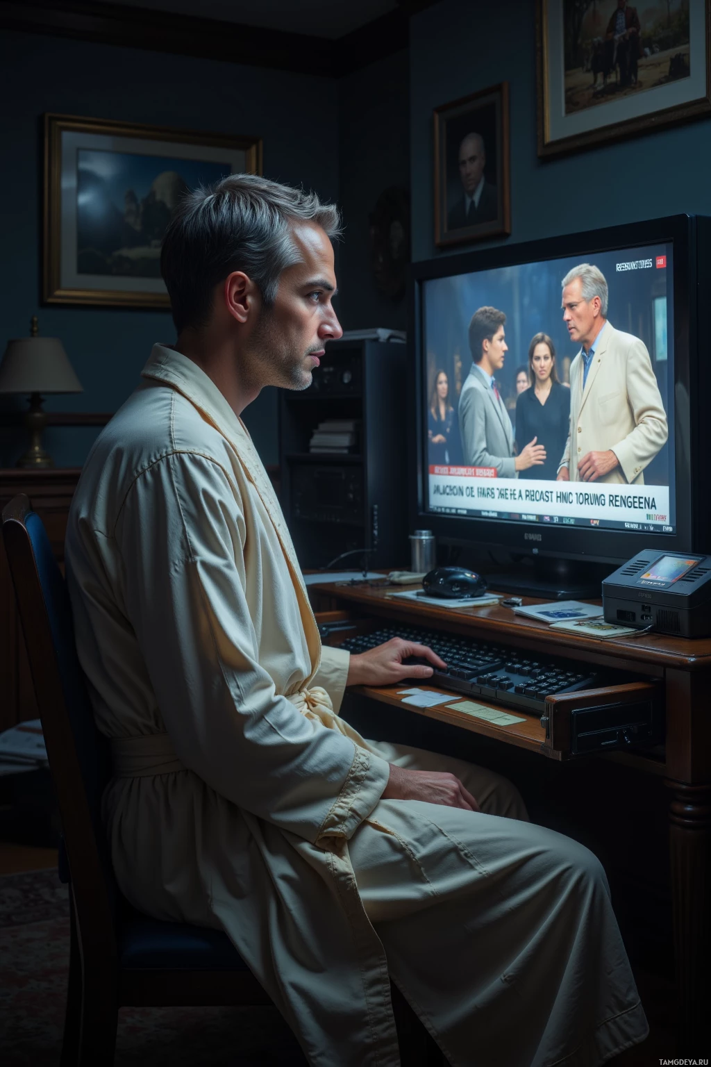 Realistic high quality photo. 40‑year‑old man with short gray hair, bright blue eyes, fair skin, wearing a loose cream robe with delicate geometric patterns, sits at a cluttered desk in a dim living room, staring at a Wi‑Fi router while a TV displays repetitive news, with an old video game cartridge on a drawer beside him, looking frustrated at dusk.