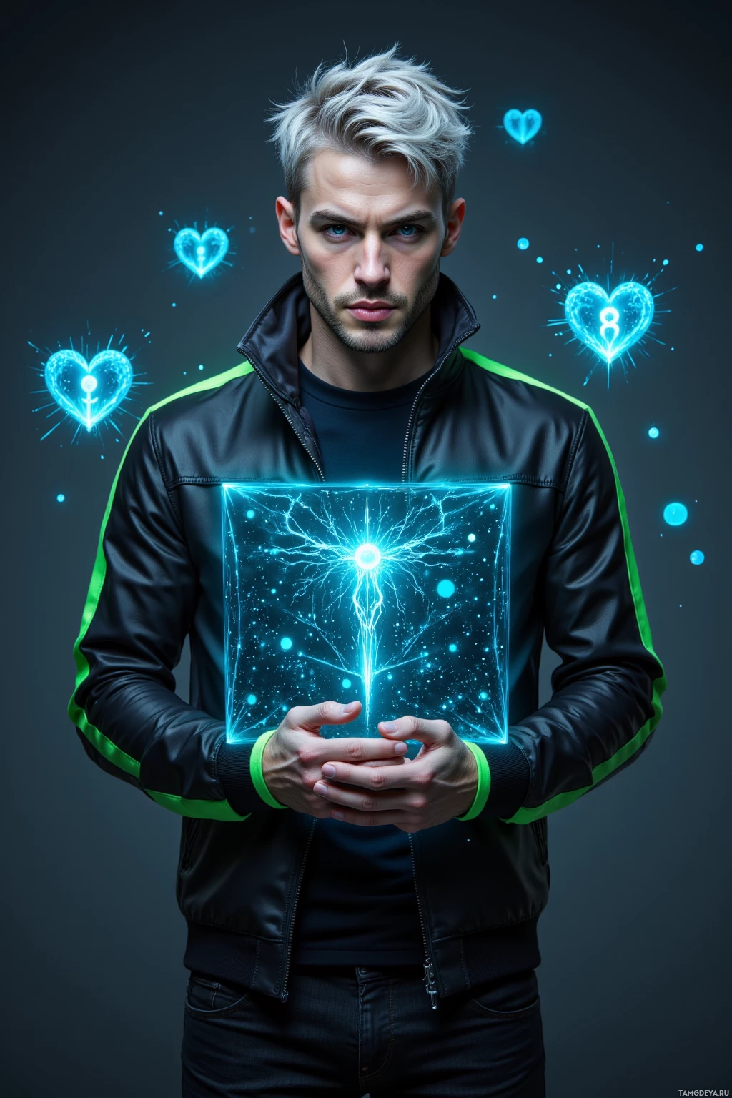Realistic high quality photo. A 29‑year‑old man with messy silver hair, piercing blue eyes, pale skin, and a strong jawline, wearing a sleek black jacket with neon green accents and dark minimalist jeans, stands in a dim, high‑tech studio surrounded by floating corrupted code fragments and pulsing electric heartbeats, holding a flickering holographic sign that displays his glitch‑infused thoughts while his expression radiates rebellious confidence, midnight atmosphere.