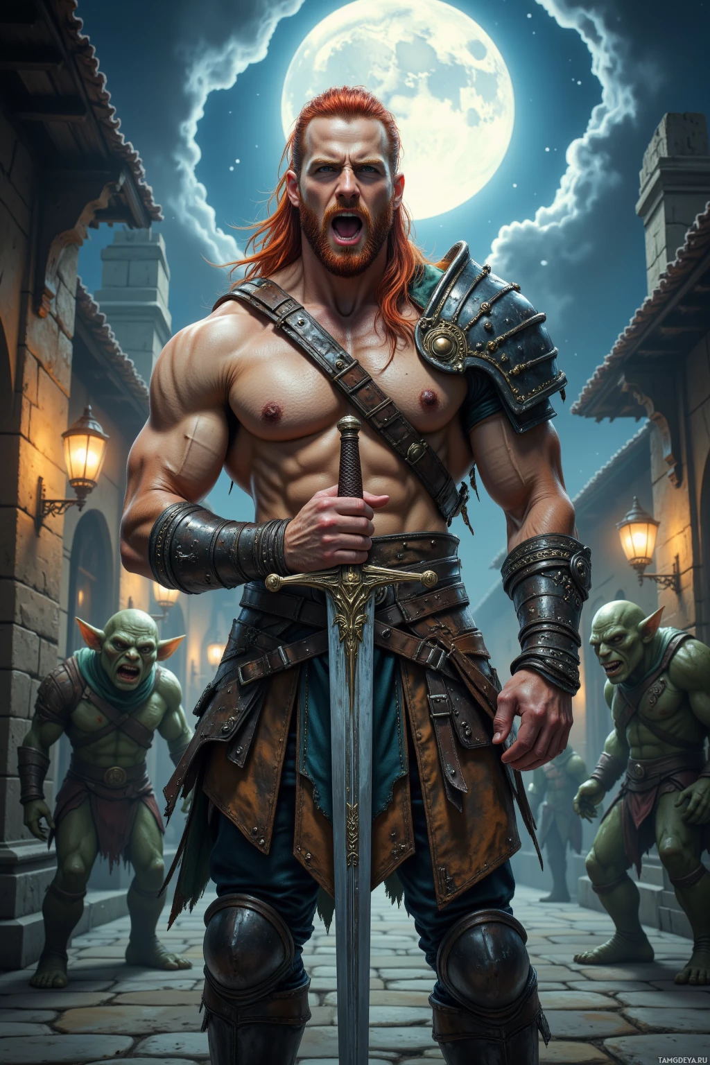 Realistic high quality photo. A muscular 38‑year‑old male warrior with fiery red hair, sharp green eyes, fair skin, strong jawline and prominent cheekbones, wearing rugged battle armor with intricate metal plates and leather straps, stands in a moonlit courtyard, roaring as he sharpens a polished sword while goblins mockingly circle in the background, the moon trembling overhead.