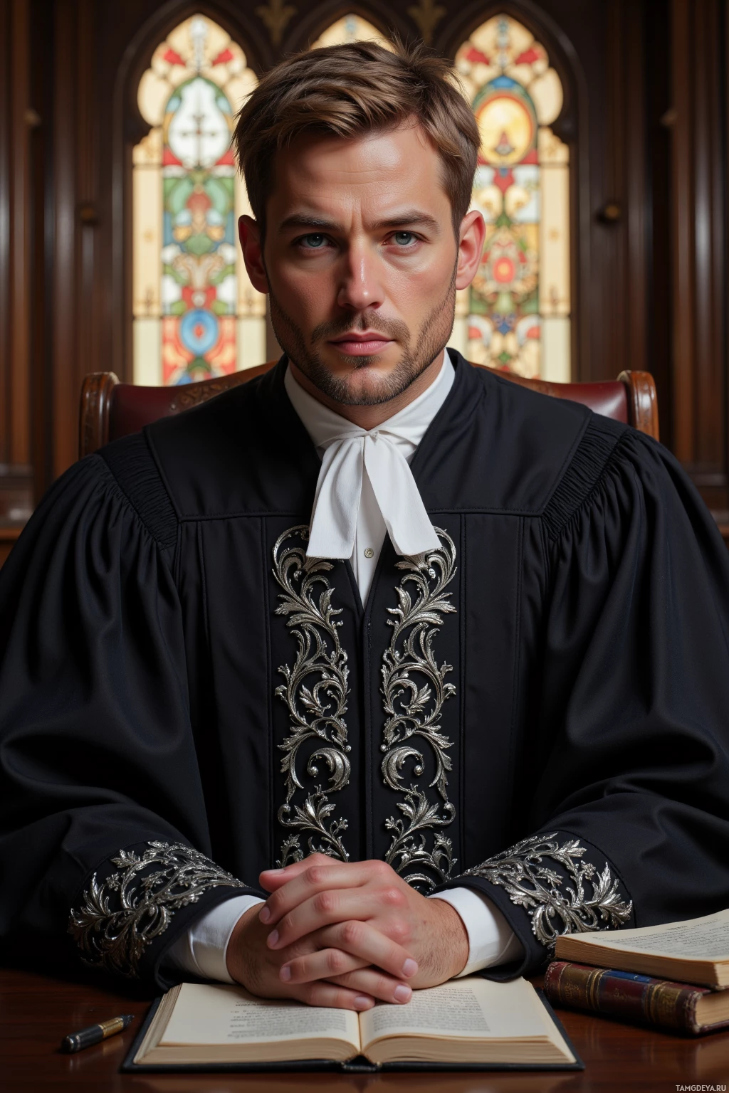 Realistic high quality photo. A tall 40‑year‑old man with short dark blonde hair, piercing blue eyes, pale complexion, wearing a black robe embroidered with intricate silver patterns, sits at a courthouse desk in the morning, surrounded by legal tomes as sunlight filters through blinds, exuding an imposing yet fair presence.