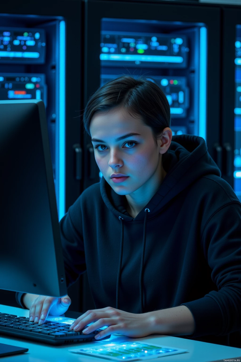 Realistic high quality photo. A 30‑year‑old woman with short black hair, striking blue eyes, wearing a dark hoodie and sleek techwear, sits in a dim server room with LED‑lit racks, intently tracing glowing ledger lines on a monitor, surrounded by humming servers, illuminated by subtle blue light, exuding focused determination.