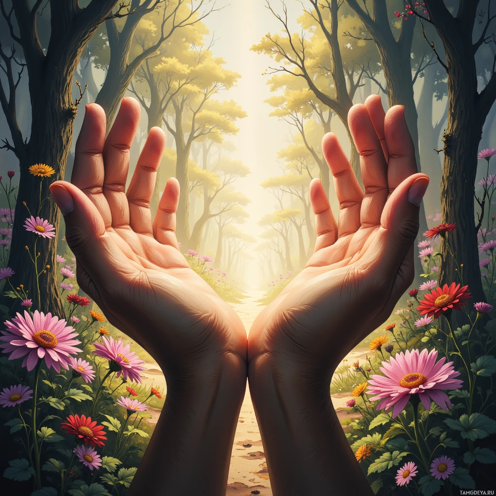 Semi-abstract image with many empty light space at center of beautiful background, that is suitable for the post:  My hands, tired but hopeful, plant kindness in barren gardens of strangers' shadows.