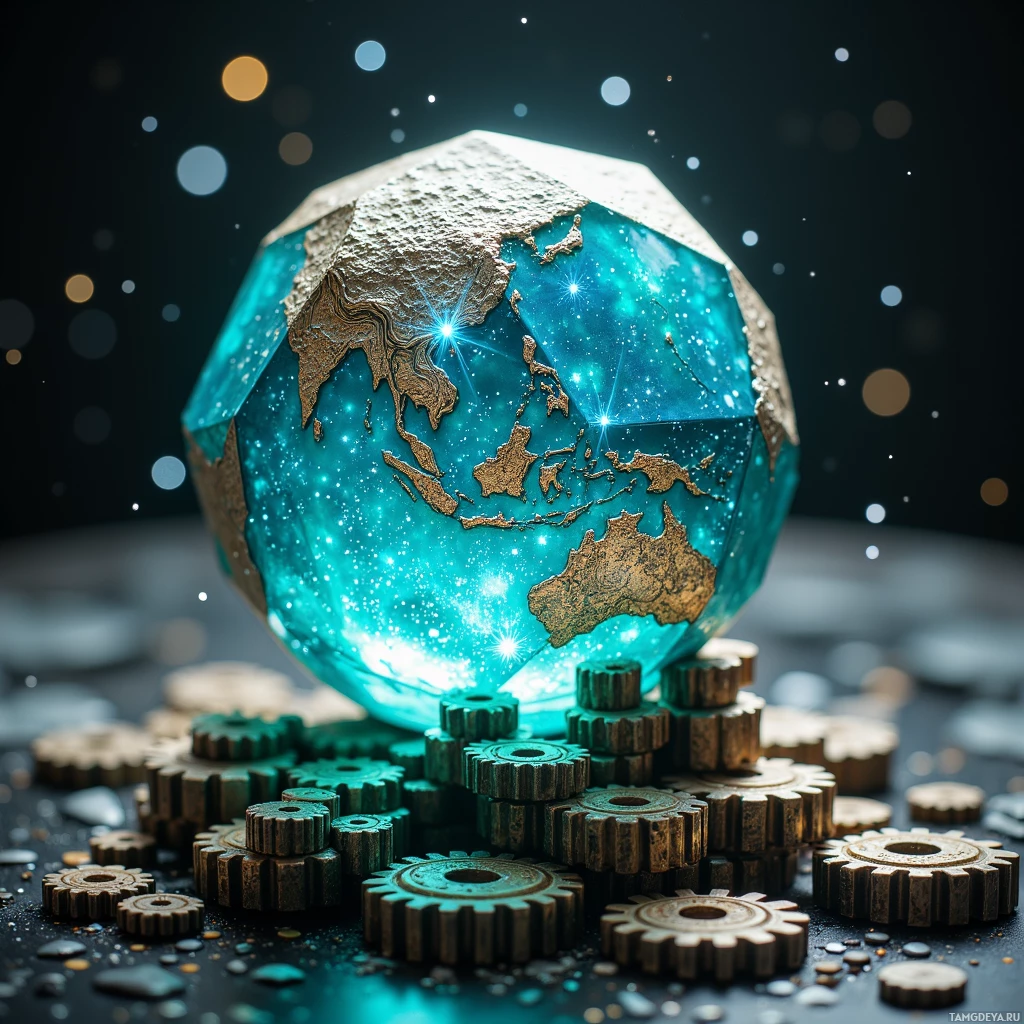 Semi-abstract image with many light, that is suitable for the post:  tiny hand‑etched silver icosahedral sphere with flawless turquoise‑gradient facets, laser‑cut edges, embedded holographic star map lighting a miniature sky inside, surrounded by tiny precision metal gears.