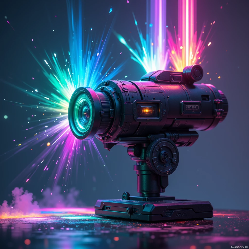 Semi-abstract image with many light, that is suitable for the post:  Pocket-sized chromatic cannon with matte black chassis, sleek lightweight form, gyroscopic sprayer shifting between ultra‑fine mist and bold swaths, built‑in AI sensor array, renewable micro‑grid power source, projecting holographic colors.