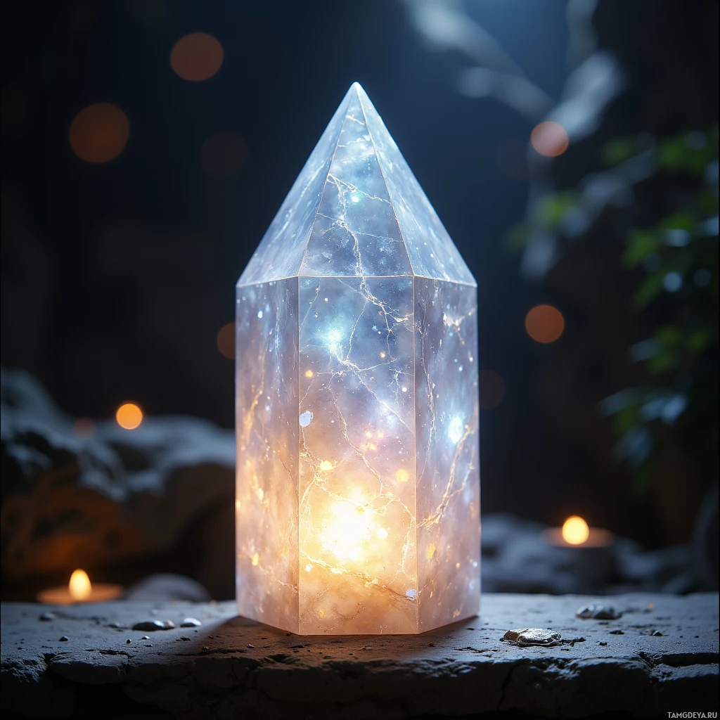 Semi-abstract image with many light, that is suitable for the post:  tiny translucent crystal lantern carved from clear moonstone, intricate facets refracting light into a soft, color‑shifting glow with gentle iridescent highlights.