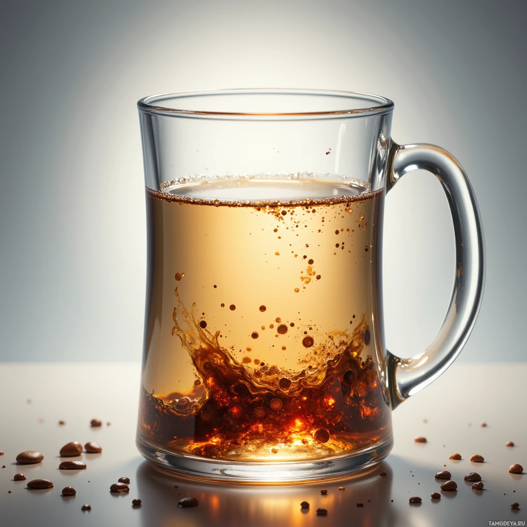 Semi-abstract image with many light, that is suitable for the post:  Transparent glass cylinder coffee mug with a silvered rim that glows faintly, subtle internal microcurrent effect visibly pushing stains away, minimalistic design.