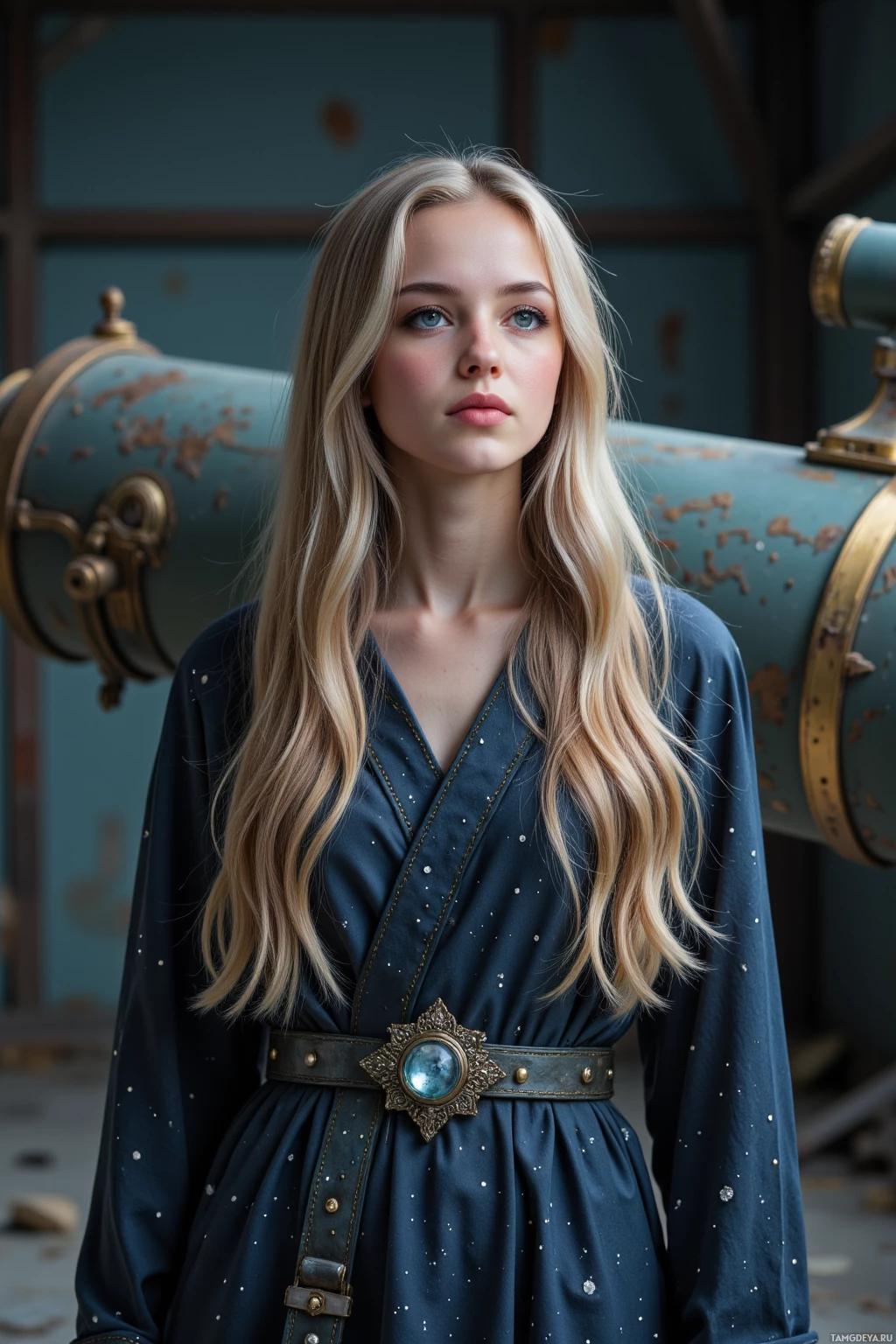 Молодая женщина с длинными светлыми волосами стоит перед большим телескопом, одетая в темно-синее платье с узором из звезд и декоративным поясом.