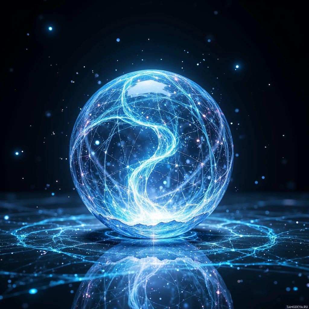 Semi-abstract image with many light, that is suitable for the post:  Translucent glass sphere with a crystalline lattice interior, surface flickering with shifting iridescent node patterns in blues and silvers, adaptive micro‑structures that appear to tear and stitch lines of code, edges softly glowing and reflecting a dynamic algorithmic light show.