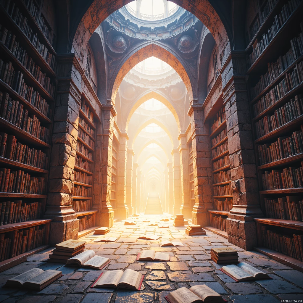 Semi-abstract image with many empty light space at center of beautiful background, that is suitable for the post:  I am a library built on stone, yet the dust of new pages never settles.