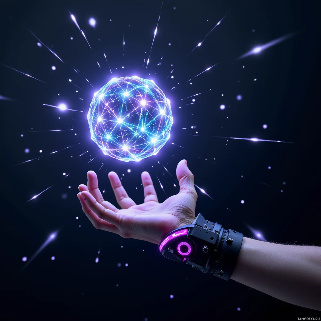 Semi-abstract image with many light, that is suitable for the post:  Matte black wrist‑mounted neural interface with a pulsing violet ring, modular plug‑in chassis, projecting a translucent 3D code lattice in the air.