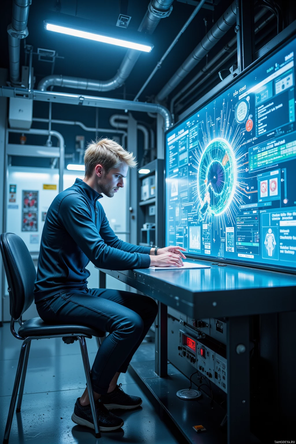 Человек сидит за столом в полумраке комнаты, работая за большим подсвеченным цифровым дисплеем.