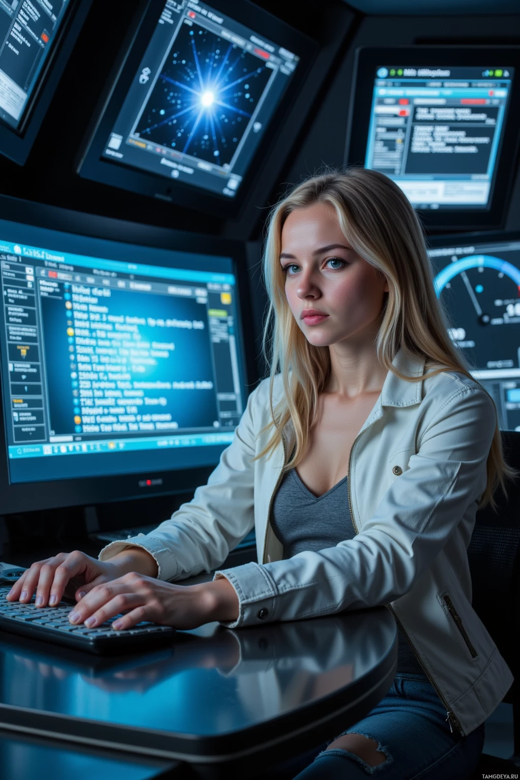 Человек сидит за столом, перед ним несколько мониторов с техническими данными и графиками.