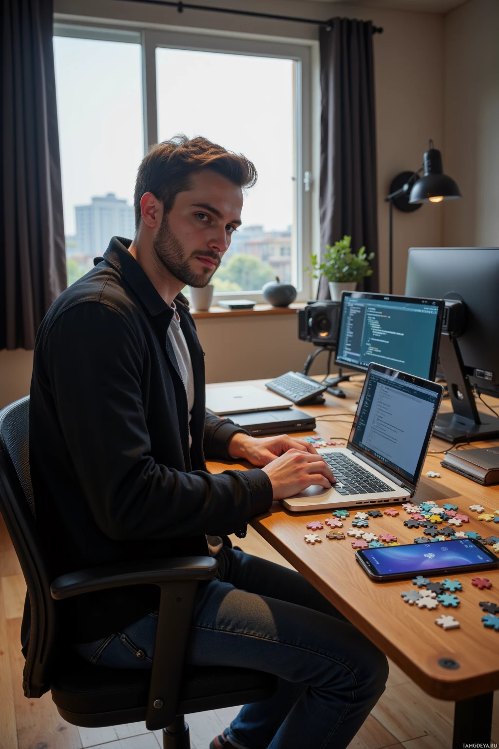 Мужчина сидит за столом в домашнем кабинете, работая на ноутбуке с несколькими мониторами, на столе у него также лежит головоломка.