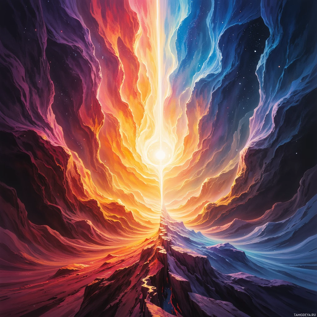 Яркая космическая сцена с сияющим центральным светом, окруженным вихрями красок и мерцающим пространством.