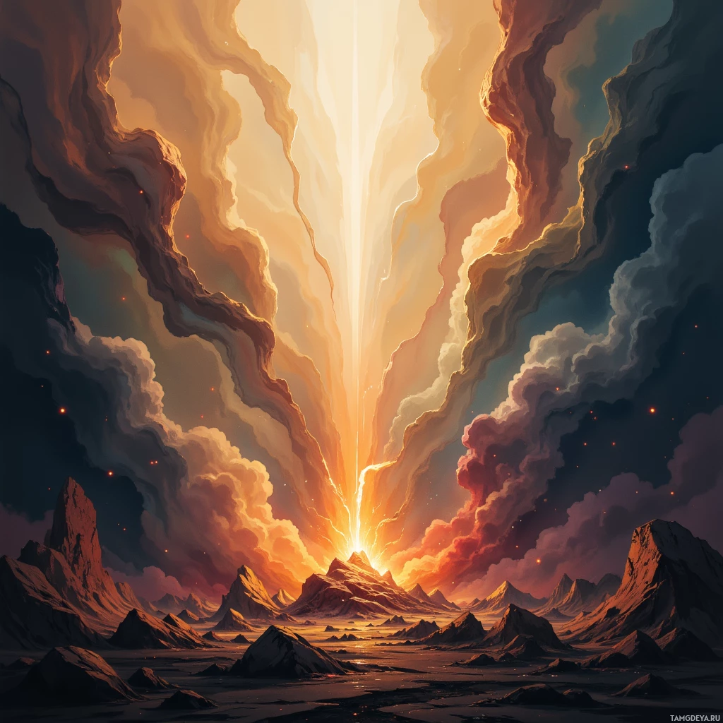 Захватывающий пейзаж, где яркий источник света пробивается сквозь облака, заливая суровый рельеф сияющим светом.