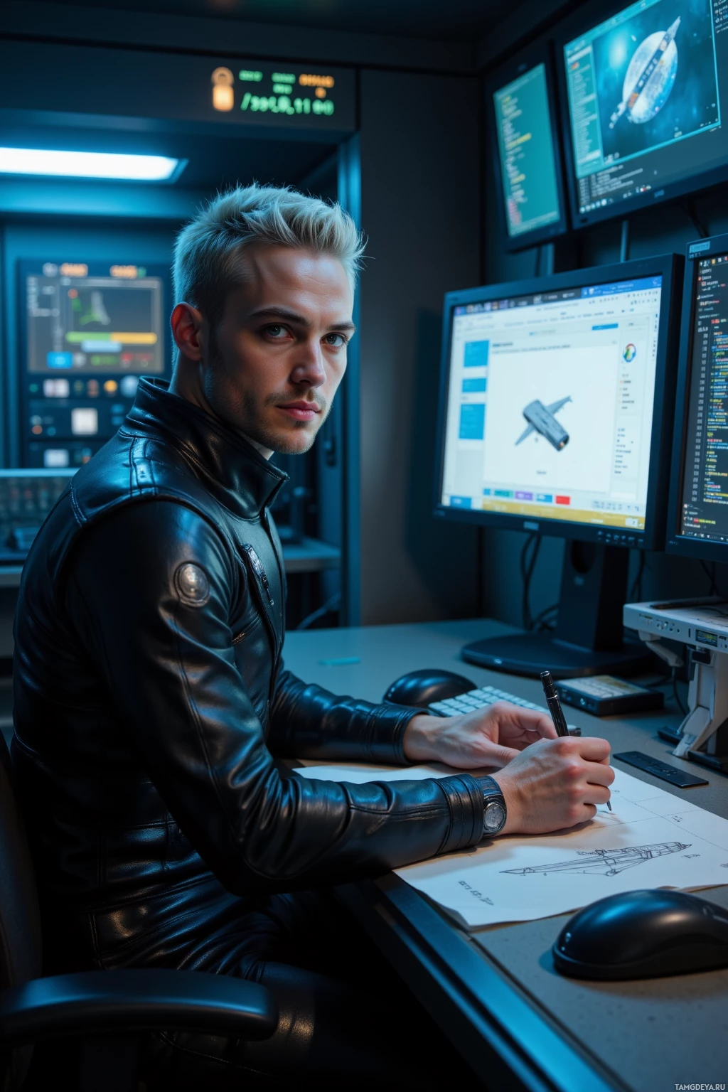 Realistic high quality photo. Male, 28, silver hair cropped, blue eyes, pale skin, wearing a sleek black jumpsuit with metallic accents and knee‑high boots, sketching a spacecraft wing on a napkin in front of a low‑vibrating keyboard while glowing monitors pulse with code in a dimly lit night‑shift control room.