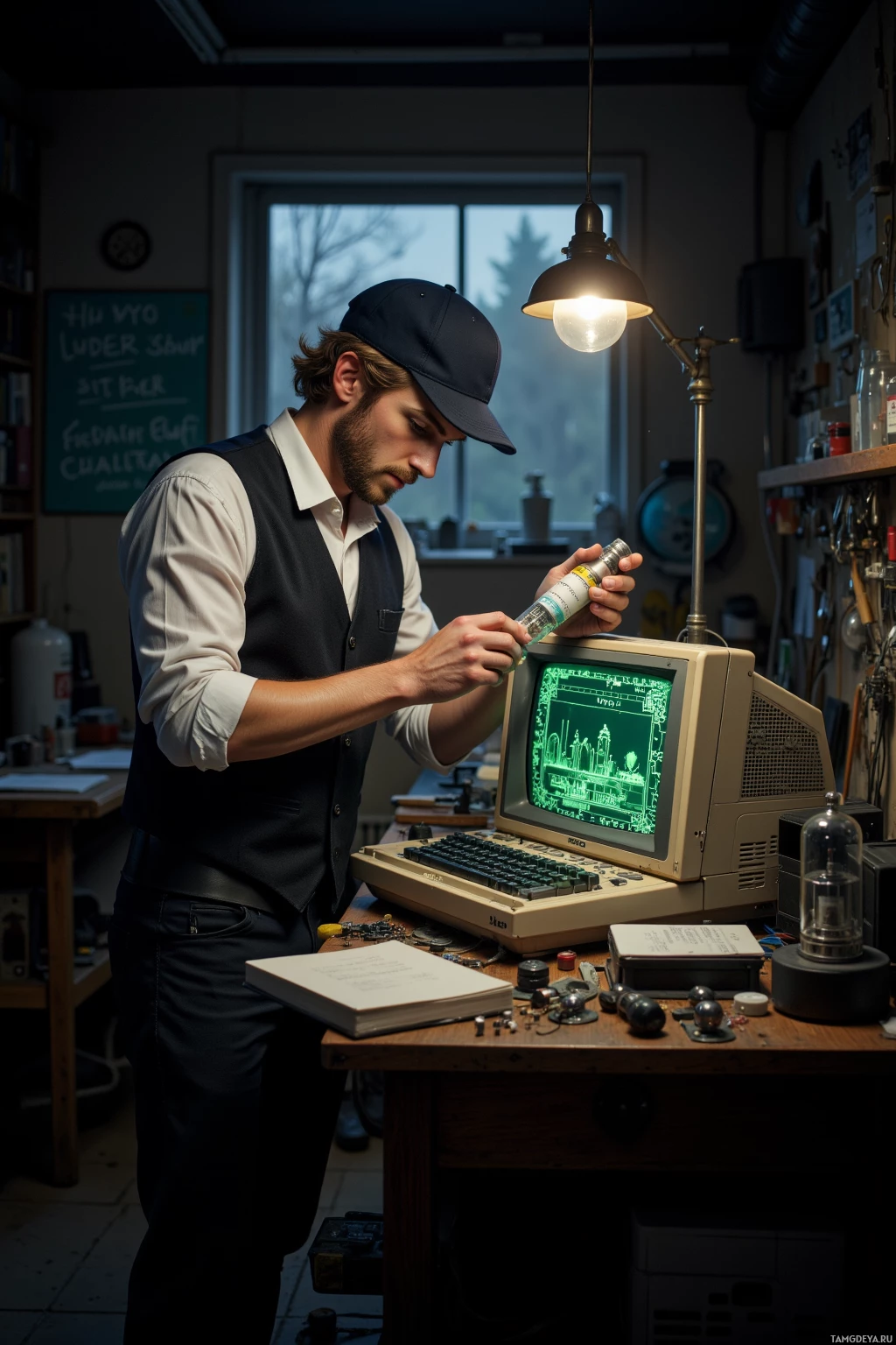 Realistic high quality photo. 36‑year‑old man with short light brown hair, blue eyes, slender build, wearing a white shirt under a fitted vest and a flat cap, gently applying solder flux to a 1983 Sinclair ZX81 on a cluttered workbench in a dimly lit home workshop, the green display faintly glowing amid scattered tools and a small pile of vacuum tubes, late evening.