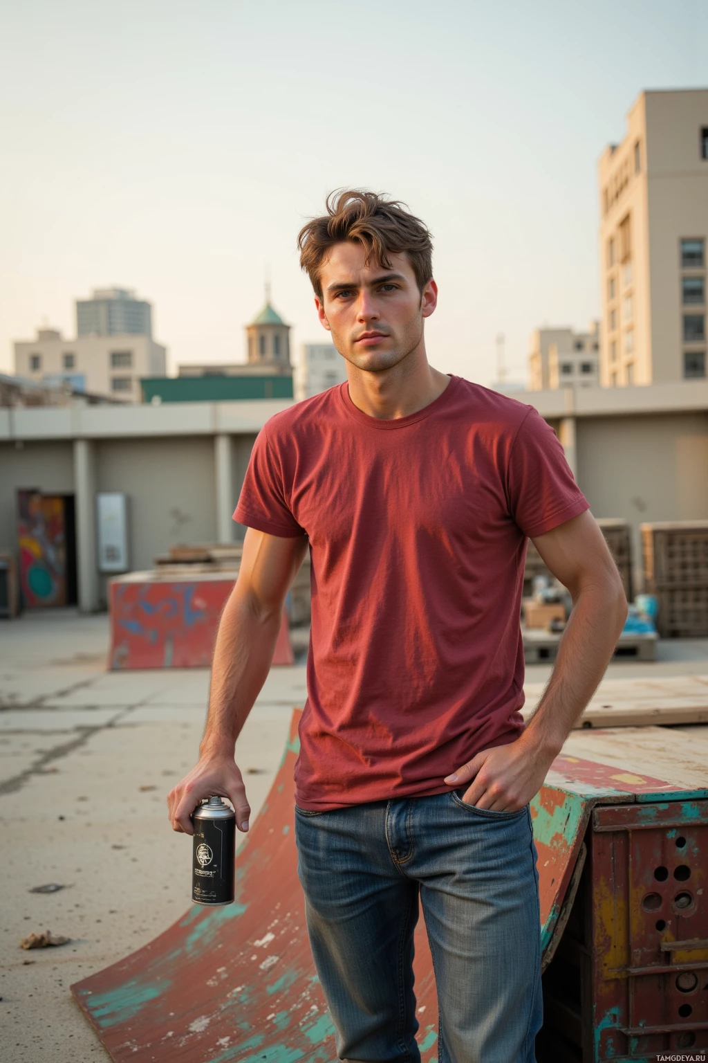На крыше стоит человек с баллончиком в руках, одетый в красную футболку и джинсы, на заднем плане – городской пейзаж.