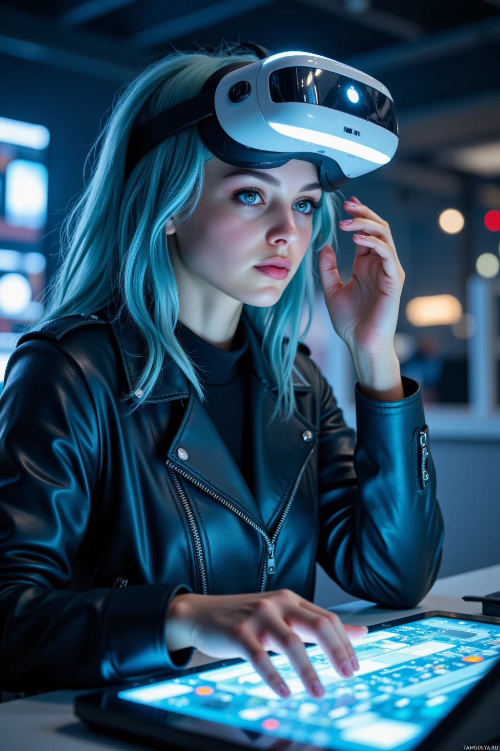 Человек в VR-шлеме взаимодействует с планшетом в современной, приглушенно освещенной обстановке.