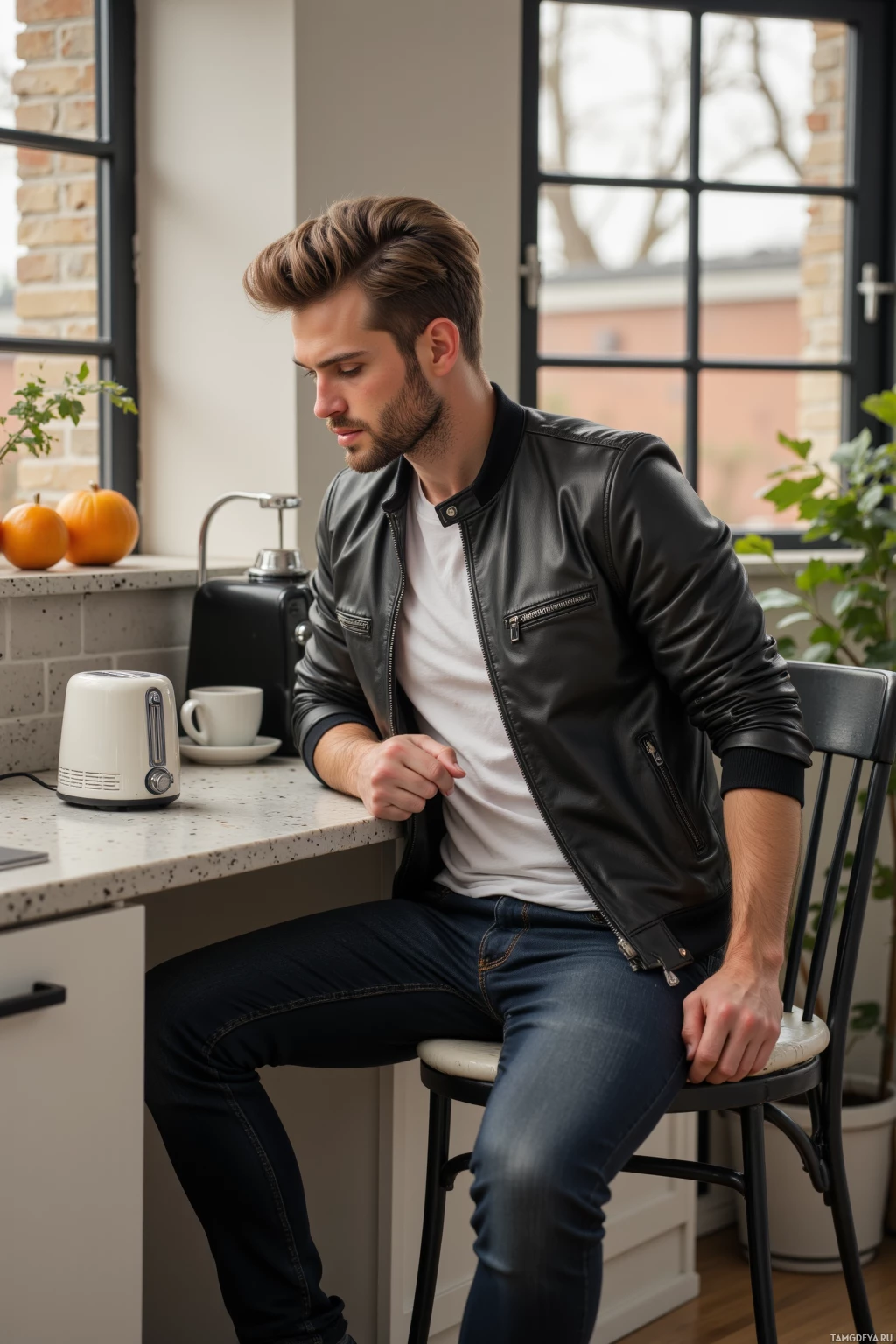 Мужчина в кожаной куртке сидит на стуле в кухне, опустив голову.