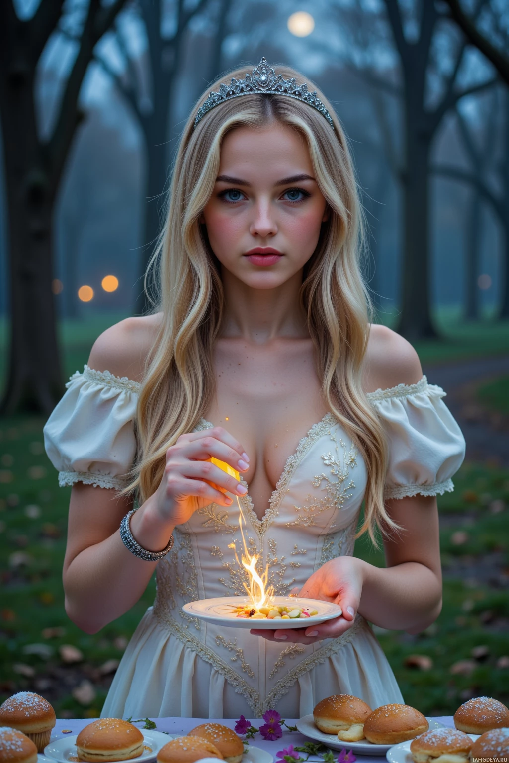 Женщина в белом платье держит тарелку со светящимся предметом, окруженная пирожными и цветами в туманном пейзаже.