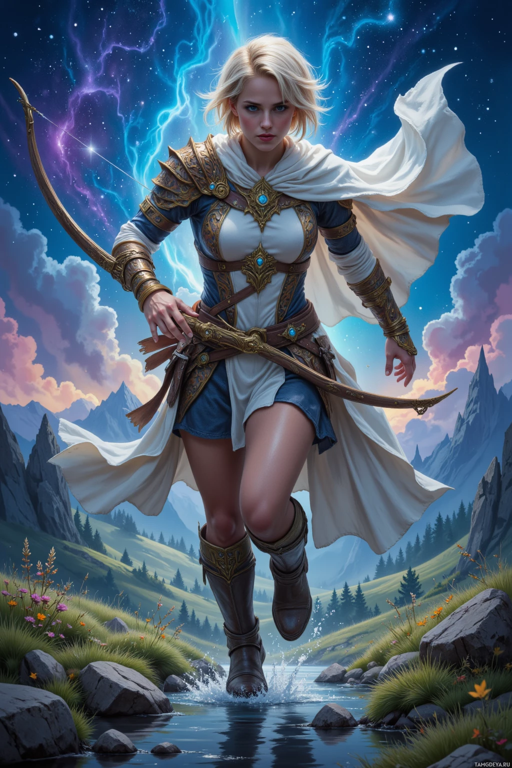 Воин в богатых доспехах прыгает через ручей на фоне живописного неба и горного ландшафта.