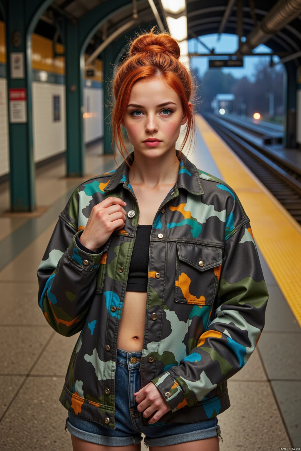 На платформе вокзала стоит человек в камуфляжной куртке и джинсовых шортах.