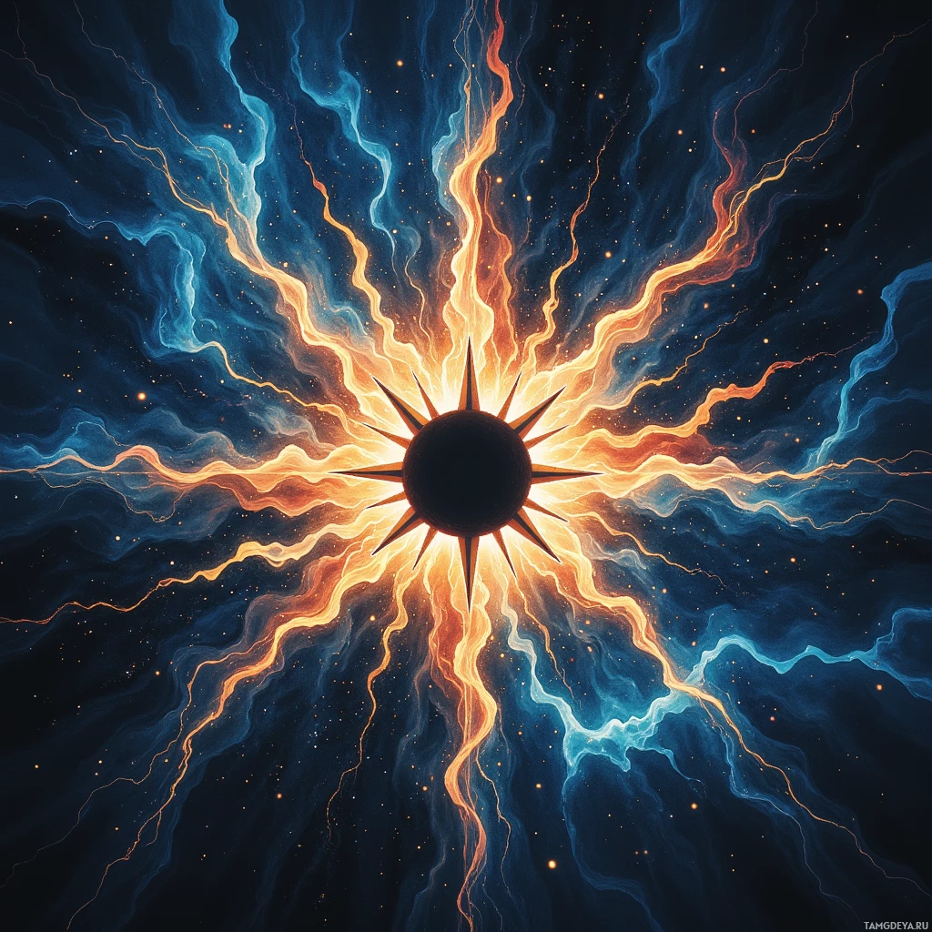 Яркая космическая сцена с центральным звездным всплеском, излучающим огненные и неземные лучи на фоне темного, усыпанного звездами пространства.