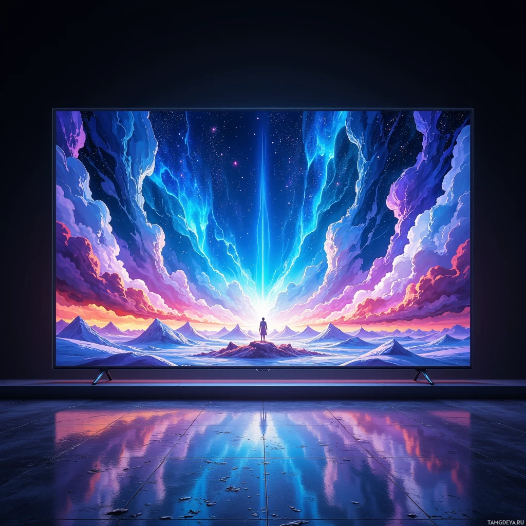 На большом плоском экране телевизора демонстрируется яркий, космический пейзаж, на вершине горы стоит человек.