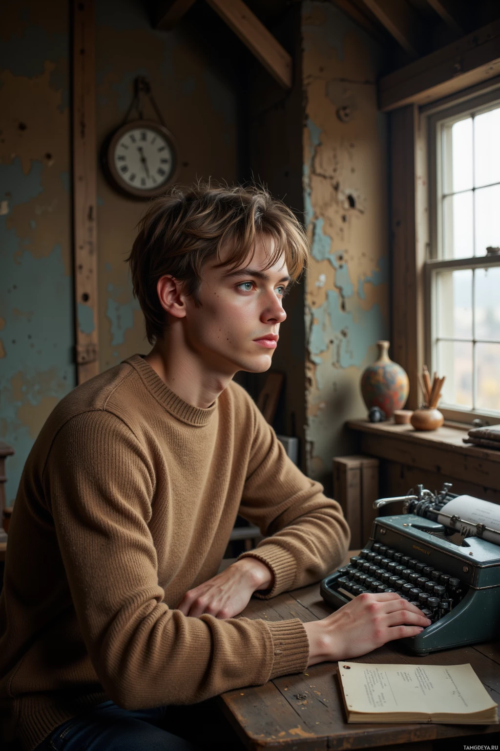 Realistic high quality photo. Young man, messy light brown hair, soft green eyes, calm demeanor, wearing a cozy earthy‑toned sweater, sits at a wooden desk in a rustic attic, staring at a blank wall while an old typewriter with humming keys sits beside a window letting in soft daylight and an open notebook.
