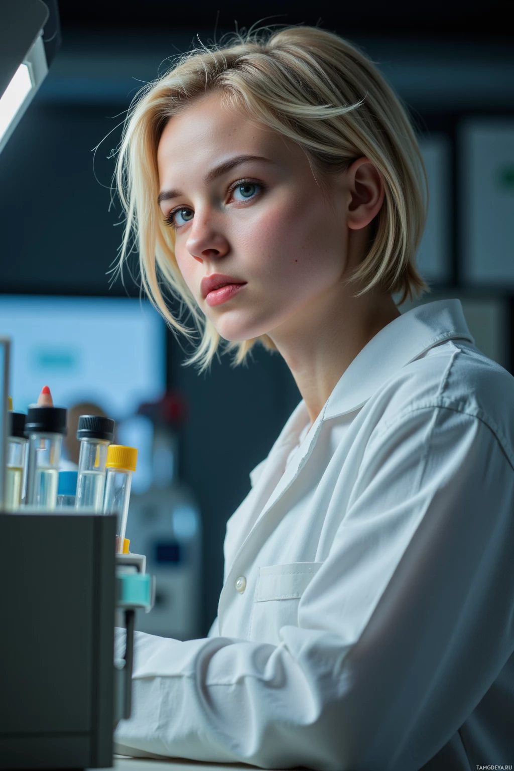 Человек в белом халате стоит в лаборатории.