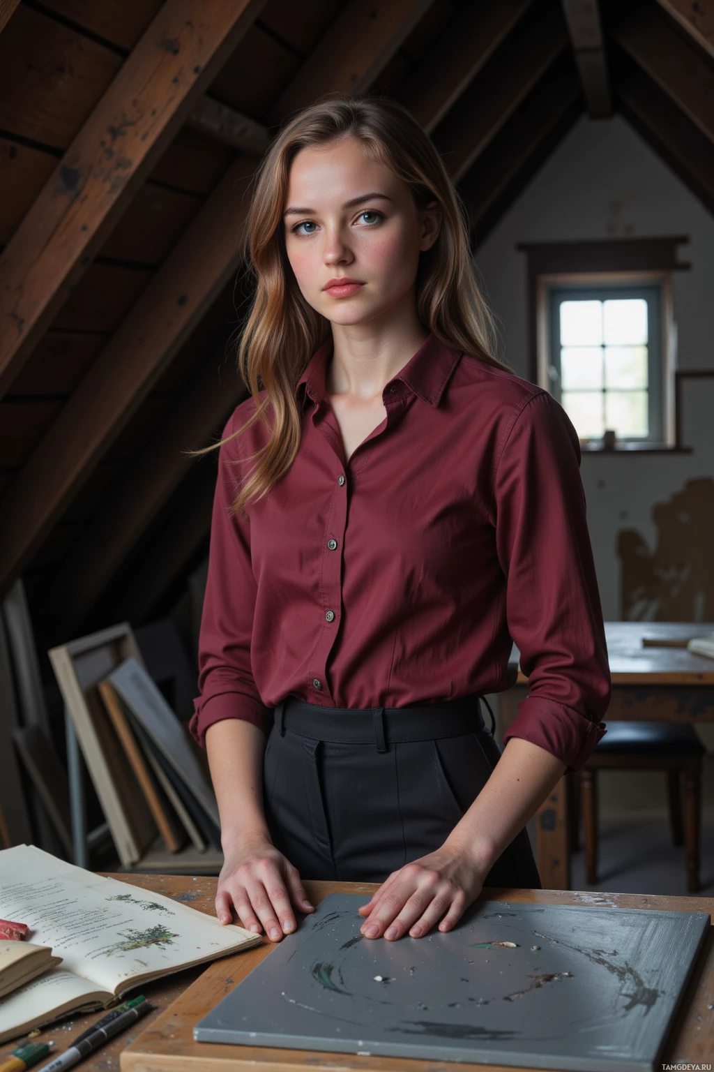 В комнате с деревянными балками стоит человек в бордово-красной рубашке и черных брюках, положив руки на стол.